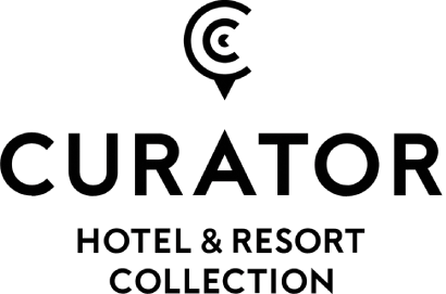 A black-and-white logo reading &ldquo;CURATOR HOTEL & RESORT COLLECTION&rdquo; with a circular swirl &ldquo;C&rdquo; icon above it. logo on footer section.