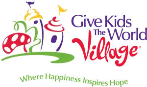 A colorful “Give Kids the World” logo with a smiling cupcake and the slogan “Where Happiness Inspires Hope.”