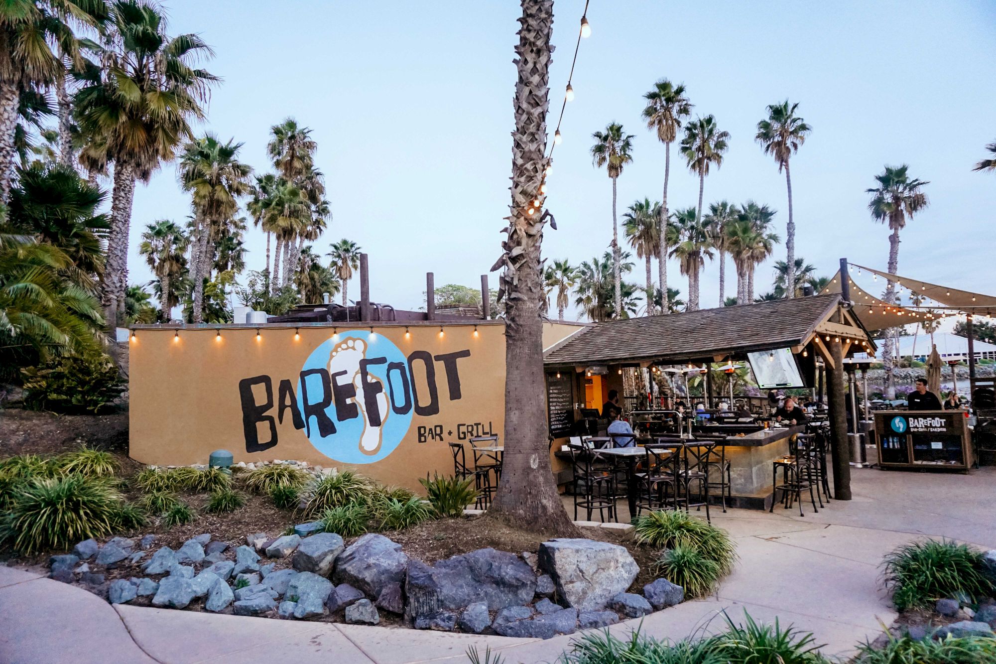 Outdoor &ldquo;Barefoot Bar & Grill&rdquo; patio with palm trees, string lights, and seating under a clear sky.