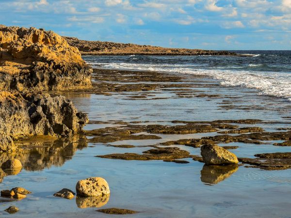Sunlit rocky coast with tide pools, gentle waves, and a distant headland under a partly cloudy sky.