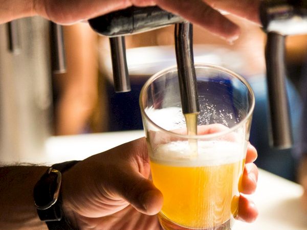 A bartender pours beer into a glass behind the bar, with foam and two hands holding the pint.