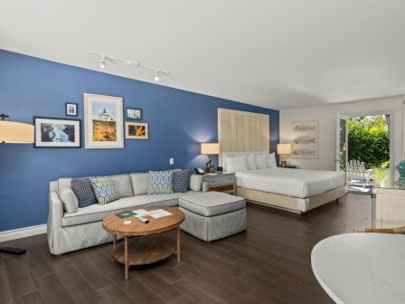 A bright modern living room with blue walls, framed coastal art, a sectional sofa and chaise, lamps, and doors opening to greenery.