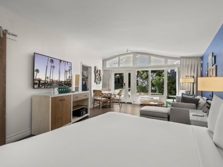 A modern hotel room with a large bed, TV, sofa, and big doors opening to a sunny garden.