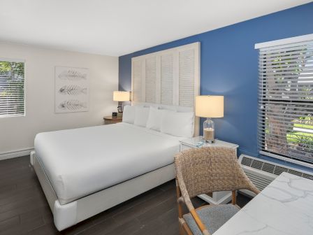 A bright bedroom with a white bed, blue accent wall, bedside lamps, framed fish art, and window blinds.