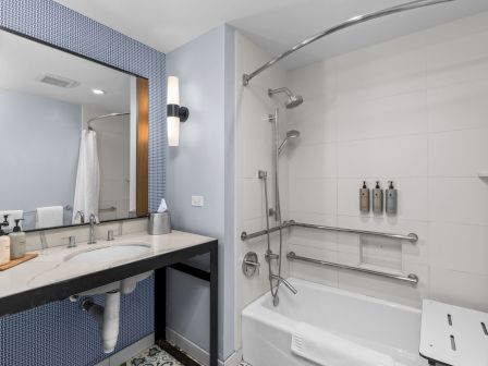 A modern bathroom with a double vanity sink, mirror, and a glass-enclosed shower with handheld head and toiletries.