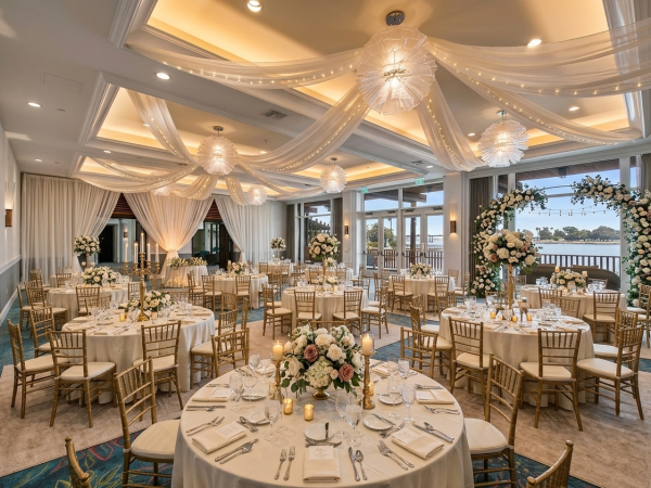 A lavish wedding reception setup with round tables, gold chairs, white draped ceilings, floral arch by the windows, and candles.