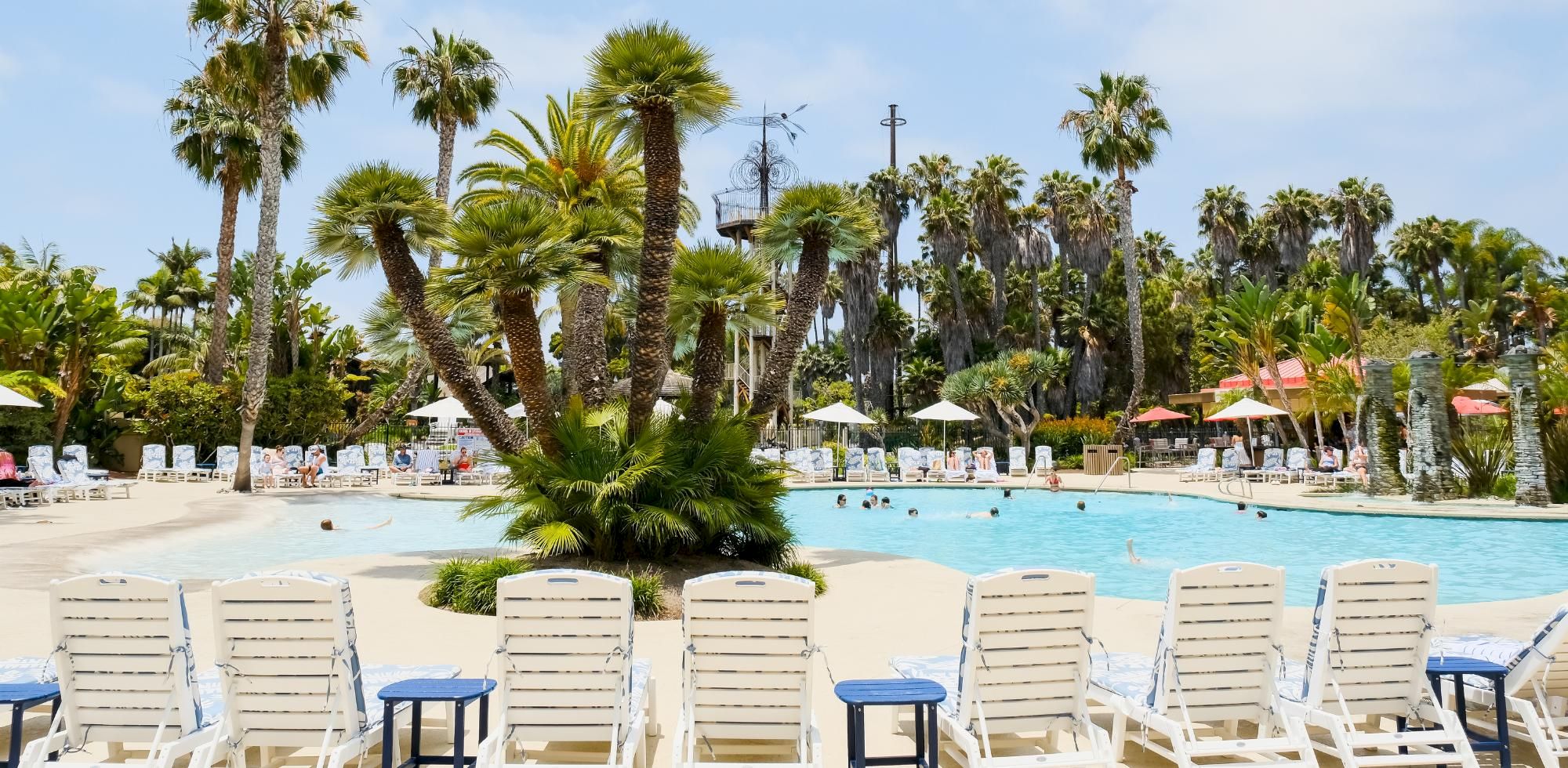 Tropical resort scene with a sunny pool, lounge chairs, and tall palm trees lining the water, inviting you to relax.