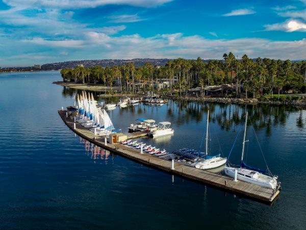 Aerial view of a marina with yachts moored along a pier beside calm blue water and palm-lined shore.