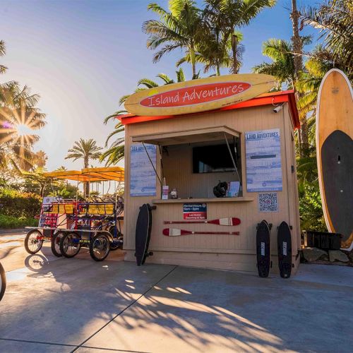 A beach kiosk labeled Island Adventures with surfboards on display, a bike nearby, and tall palm trees in sunny light.