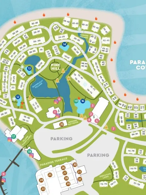 A colorful campground map showing sections, buildings, parking areas, and a lake in Pine Hill.