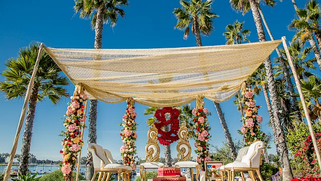 An outdoor wedding stage with floral arches, an ornate backdrop, gold chairs, and a canopy against tall palm trees.