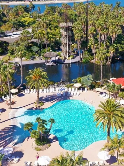 Aerial view of a tropical resort with a large swimming pool, palm trees, cabanas, and a marina by the ocean.