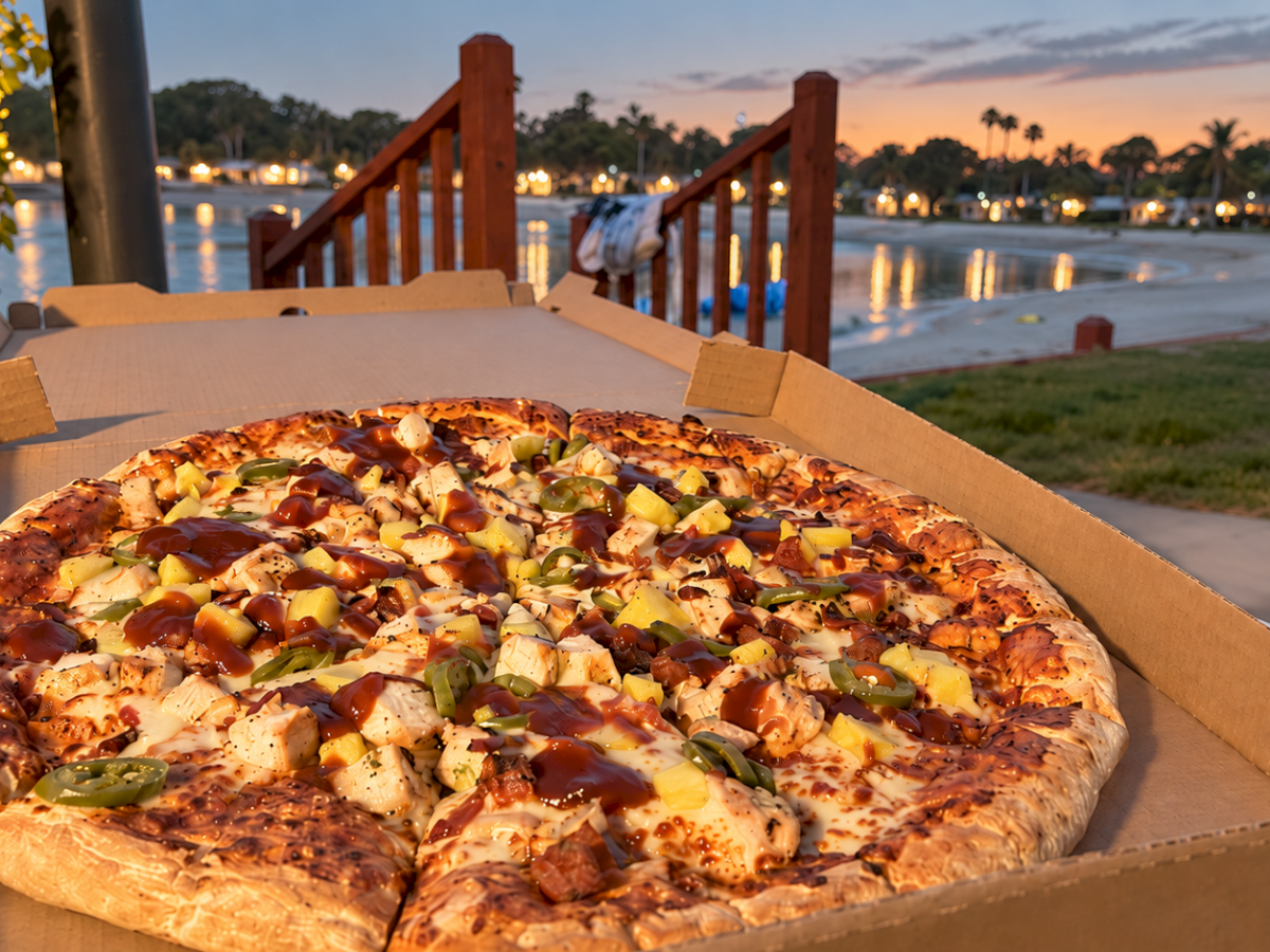 A huge veggie-topped pizza in an open box, lit by sunset beside a lake walkway.