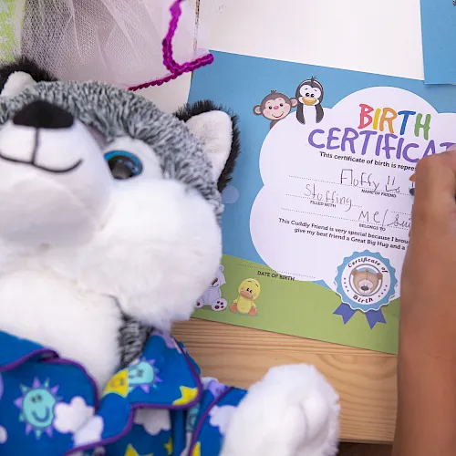 A plush toy sits beside a “Birth Certificate” kids card as someone writes on it.