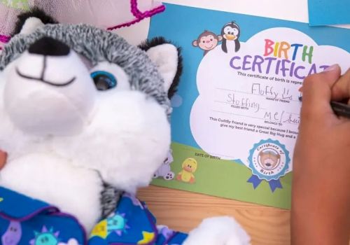 A plush cat toy sits beside a colorful &ldquo;Birth Certificate&rdquo; page while someone writes on it.