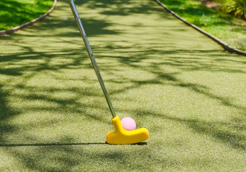 A person&rsquo;s hand holds a putter as a pink golf ball rests on short grass beside a winding putting green.