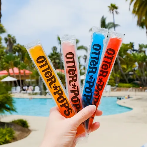 Hand holds four colorful flavored icy strips by a sunny pool with palm trees in the background.