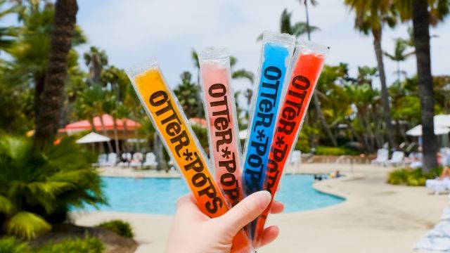 Hand holds four colorful flavored icy strips by a sunny pool with palm trees in the background.